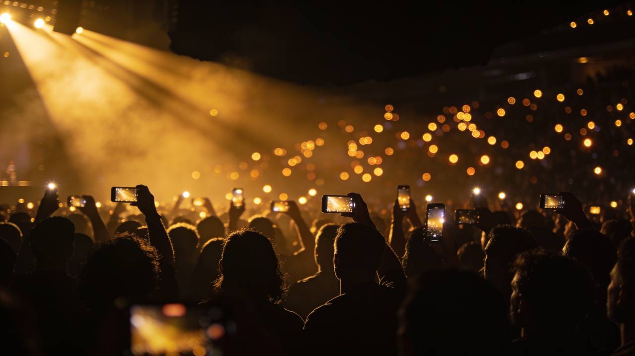 Gold arena lights over the fantasy duel crowd in the gap between two rounds