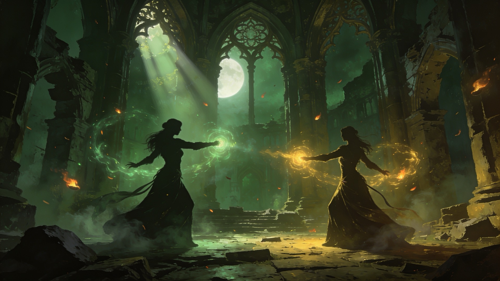 Two sorceresses dueling with emerald and gold magic in an enchanted ruined cathedral